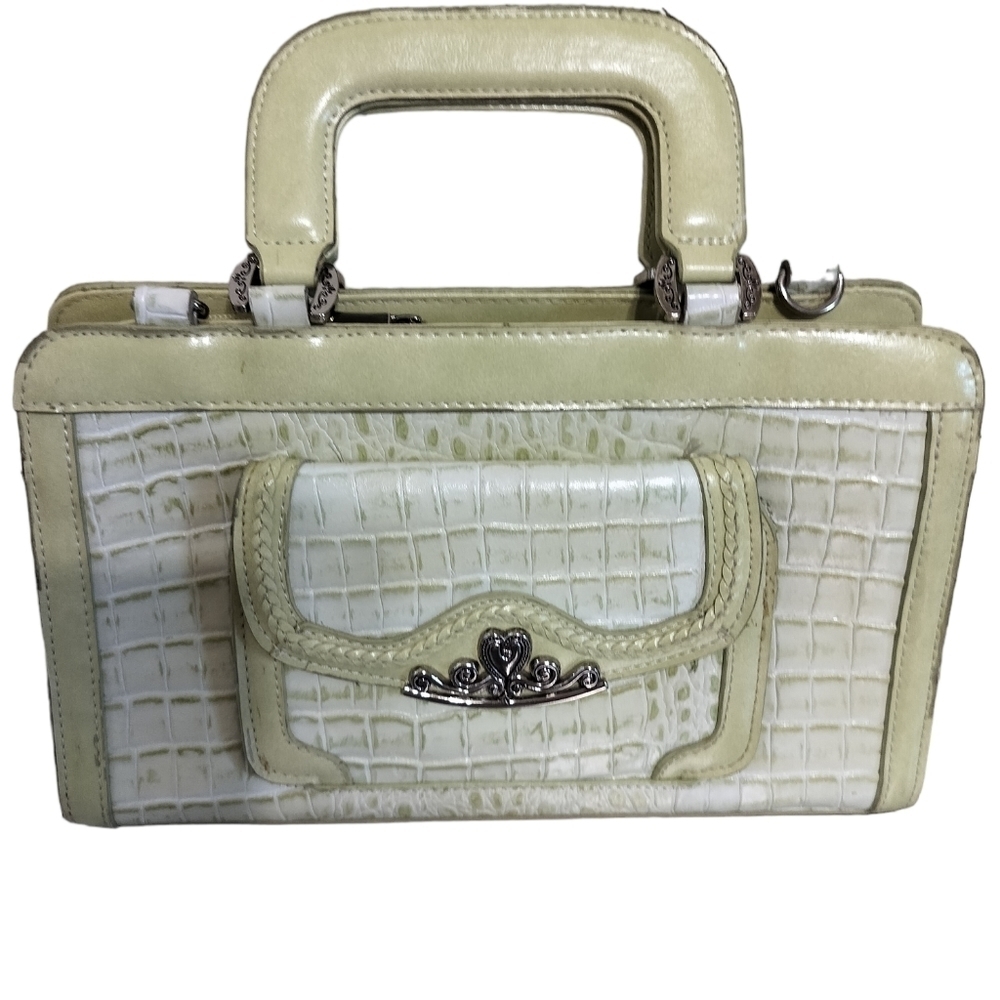(1182) M.C Brand Tea Green Croc Embossed Vegan Leather Multi Pockets Satchel Bag